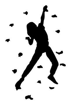 Extreme sports girl climb without roop. Woman climbing vector silhouette illustration, isolated on background. Sport weekend action in adventure park. Rock wall for fun. Tough and healthy discipline. 