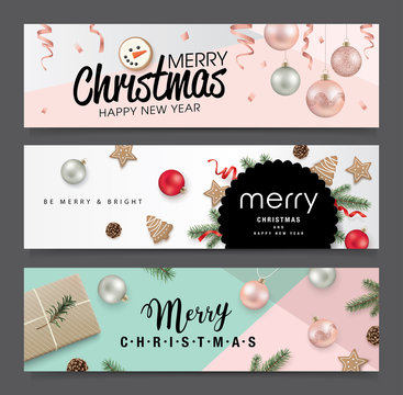 Set of Christmas banners design with ribbons, Christmas ornaments, cookies, pine cones and fir branches