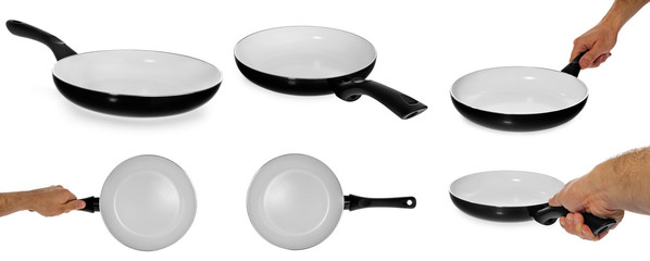 Kitchen frying pan with healthy, non-stick, ceramic, holding it in hand.