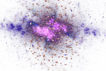 Abstract gold and violet sparks on white background. Digital fractal art. 3D rendering.