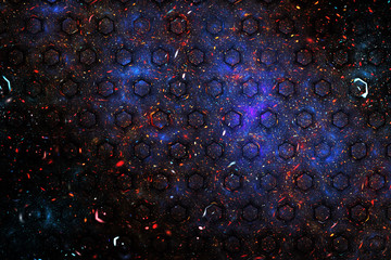 Abstract geometric texture with red, blue and golden sparkles. Fantasy hexagonal fractal design. Digital art. 3D rendering.