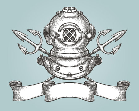 Diving helmet with tridents and ribbon