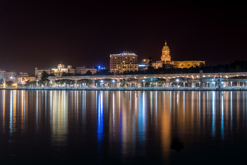 Fototapeta na wymiar Night Cityscape In The Marina Bay Port Of Malaga