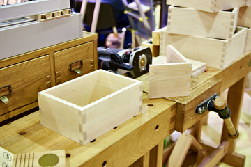 Wooden box in carpenter workshop