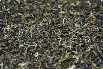A pile of dry green tea. Food background. Tea bacground.