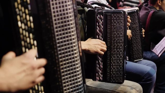 The musician playing the accordion. Close-up, musicians playing the accordion. Group of musicians playing the accordion