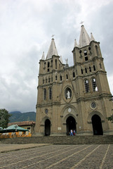 Church and main square in colonial city El Jardin, Colombia, South America