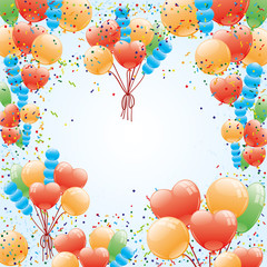 Festive background with balloons and confetti.