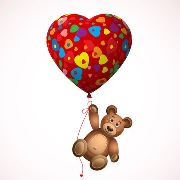 Valentines,Merry Christmas,New Year,Birthday 3d heart shaped balloons with pop art pattern with hearts in colors of the rainbow Flying for Party,Celebrations with Cartoon Cute teddy bear.Vector