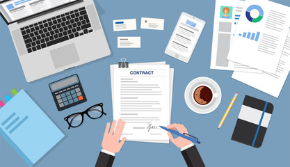 Contract signing top view, business concept illustration. Flat style vector illustration