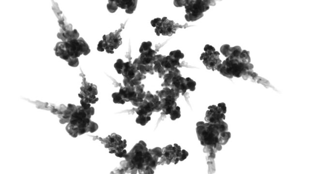A lot of flows forming ring, ink inject is isolated on white in slow motion. Black Color dissolves in water. Inky background or backdrop with smoke, for ink effects use luma matte like alpha mask.
