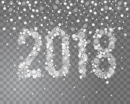 Glittering 2018 New Year from snowflakes on transparent background with snowfall around it. Vector illustration