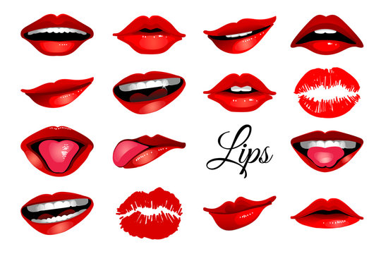 Red woman's lip icons set isolated on white background. Vector illustration for modern design