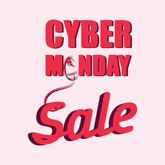 Cyber Monday with a computer mouse. Sale. Red background. Sticker, banner, poster for a good deal. Design for printing on fabric or paper. 