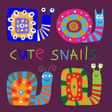 Set of cute decorative snails in a children's style