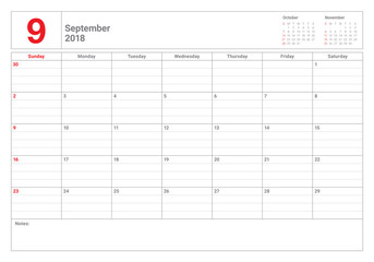 September 2018 planner calendar vector illustration