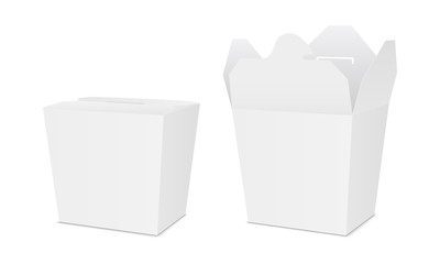 Takeaway chinese noodles food box - half side view. Opened and closed packaging mockups for design or branding. Vector illustration