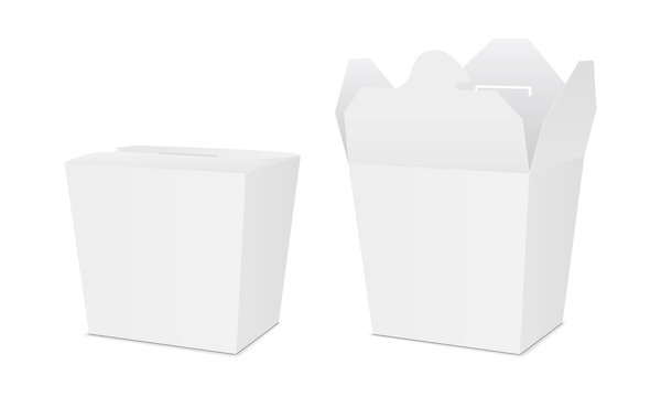 Takeaway chinese noodles food box - half side view. Opened and closed packaging mockups for design or branding. Vector illustration