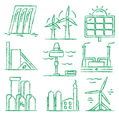 Set of renewable energy hand drawn icons