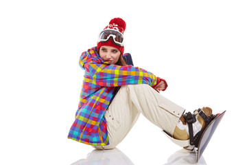 Woman with a snowboard. Winter sport concept