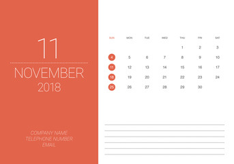 November 2018 desk calendar vector illustration