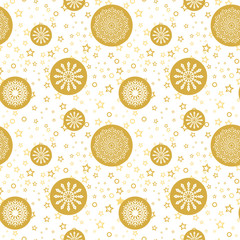 Golden snowflakes on white background. Christmas snowy seamless pattern. Winter holiday vector illustration.