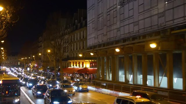 night time illumination paris double-decker bus ride traffic street panorama 4k france
