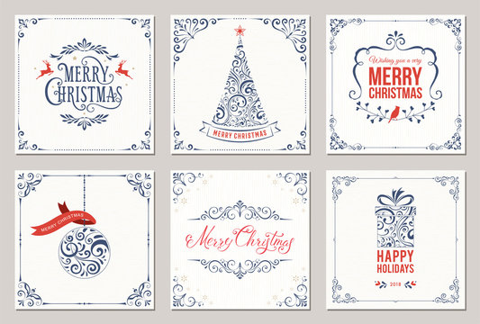 Ornate square winter holidays greeting cards with New Year tree, gift box, Christmas ornaments, swirl frames and typographic design.