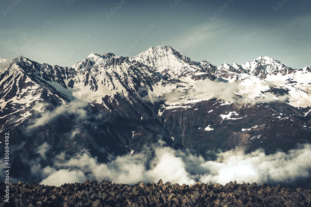 Wall mural panoramic summer landscape with mountain snowy peak, svanetia region national park, georgia. the mai