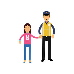 Cartoon road policeman in reflective waistcoat workwear and school girl holding hands