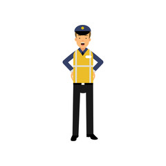 Cartoon officer of traffic police standing with arms akimbo in uniform with high visibility vest