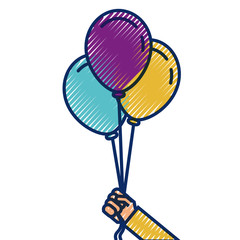 cartoon hand holding three balloons celebration event vector illustration