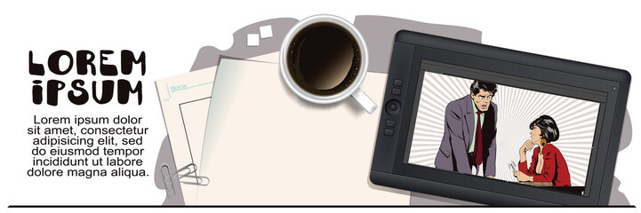 Woman is flirting with a guy at work. Stock illustration. People in retro style.