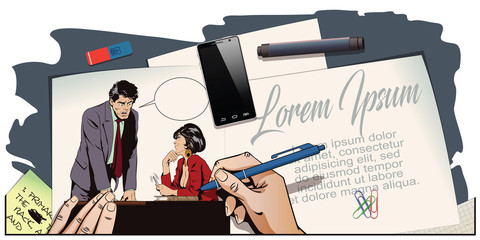 Woman is flirting with a guy at work. Stock illustration. People in retro style.