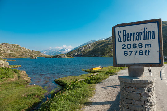 Alpine Pass Of San Bernardino In Switzerland, Road Sign