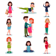 Pregnant women characters in different poses set. Happy mom expecting baby, touching belly, shopping, meditating, walking, doing exercise, waving hand.