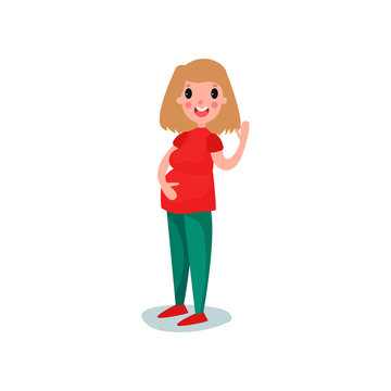 Pregnant woman character standing and waving her hand, other hand on her belly. Cheerful female expecting baby. Flat vector.