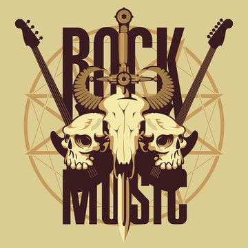 Vector banner or emblem with words Rock music, electric guitars, a skull of a bull pierced by a sword and two human skulls on the background of a pentagram