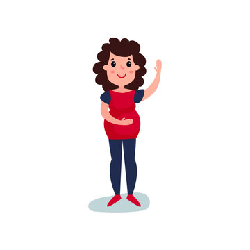 Pregnant woman character standing and waving her hand, other hand on her belly. Female expecting baby. Future mom with curly hair.