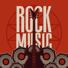 Vector banner with words Rock music, electric guitar and audio speakers on the background of pentagram