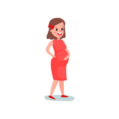 Pregnant woman character standing one hand on the back and another on her belly. Female expecting baby.