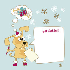 Cool yellow dog mascot cartoon. Funny winter xmas animal in Santa hat with Christmas gift wish list. New Year Vector illustration.