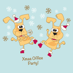Cool yellow dog mascot cartoon. Funny winter xmas dancing animal in Santa hat. Christmas and Chinese New year party Vector illustration.