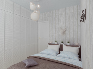 Small cozy bedroom in modern falt in white colors, Scandinavian style