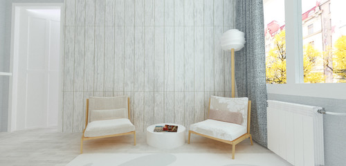 Two armchairs in white room with rustic wooden paneling on walls, modern Scandinavian style