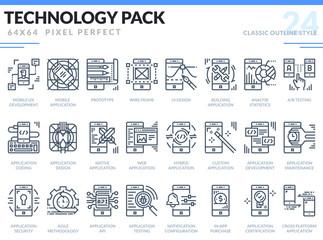 Mobile Application Development Icons Set. Technology outline icons pack. Pixel perfect thin line vector icons for web design and website application.