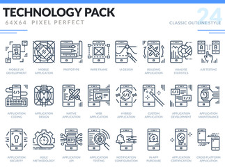 Mobile Application Development Icons Set. Technology outline icons pack. Pixel perfect thin line vector icons for web design and website application.