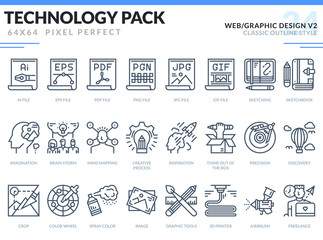 Web and Graphic Design Icons Set. Technology outline icons pack. Pixel perfect thin line vector icons for web design and website application.