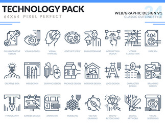 Web and Graphic Design Icons Set. Technology outline icons pack. Pixel perfect thin line vector icons for web design and website application.