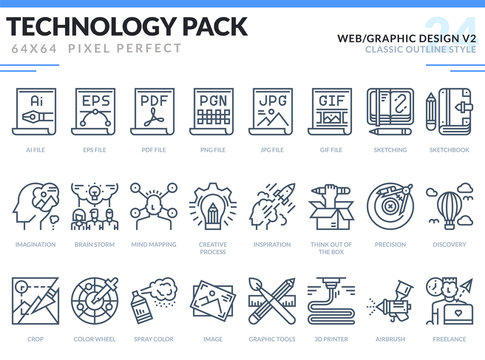 Web and Graphic Design Icons Set. Technology outline icons pack. Pixel perfect thin line vector icons for web design and website application.